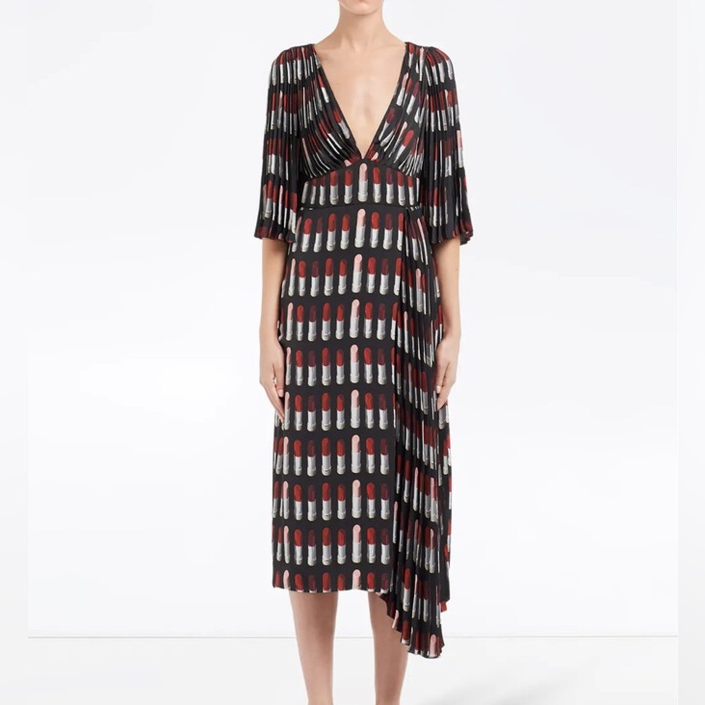 Prada 2018 Pleated Lipstick Print Midi, black/red/pink, flutter sleeves, 36, EUC
